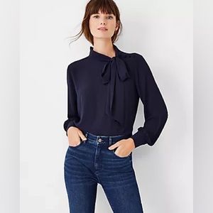 Navy blue Ann Taylor bow tie long sleeve blouse petite small